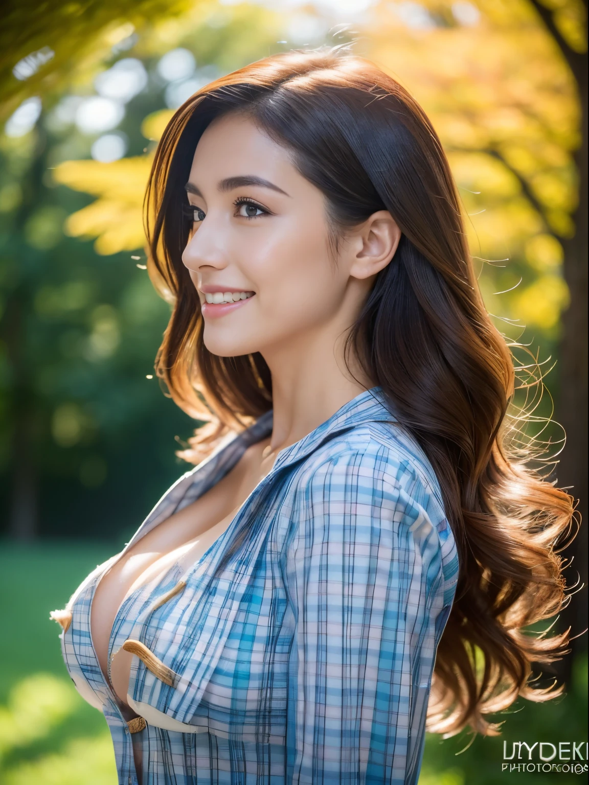 Masterpiece, highest quality, high resolution, (Best Quality, 8K, 32K, sfw:1.2), (1 slender young woman of Japan, 18 years old), (medium long length brown Curly hair), Bright foreground, amber eyes, Professional Lighting, Photon mapping, shading:1.3, (high-detail skin:1.2), equal sized breasts, (Huge breasts:1.5), ((Provocative Dynamic Poses)), hyperdetailed face, Detailed lips, Detailed eyes, Double eyelids, High quality, 4K, (massive breast:1.5), no freckles, no moles, spotless body, detailed face, detailed mouth, detailed teeth, detailed eyes, detailed breast, 2 hands with perfect fingers, tall body, slim body, thin waist, beautiful face, perfect skin, strong abs, hide handull body picture)), bubble butt, make up, fit, ((professional at photography lighting)), (natural breast), (Photorealsitic, surrealistic), hands are out of view, can’t see hands, can’t see fingers, cleavage, beauty, pretty, beautiful breasts, perfect teeth, perfect lips, perfect teeth alignment, perfect anatomy, beautiful teeth, (((hyperrealistic photograph))), (no logo), (no text), (no watermark), (no signature), (perfect face, no wrinkle), (no sagging breast), ((full body photo)), (colorful maple trees with red, yellow and green leaves in fall season), (no one in background), (no bang on hair), ((wearing a collarded light blue plaid button up shirt with sleeves, white pants)), (no protruding nipple), view from below, (hands down, hands out of view), (zoom out photo with full body in view), ( legs in view), smile with mouth closed, covered shoulders,(rear view, look back, ass focused), (view from below, buttocks focused, bend over, ass, butt), full buttock in view