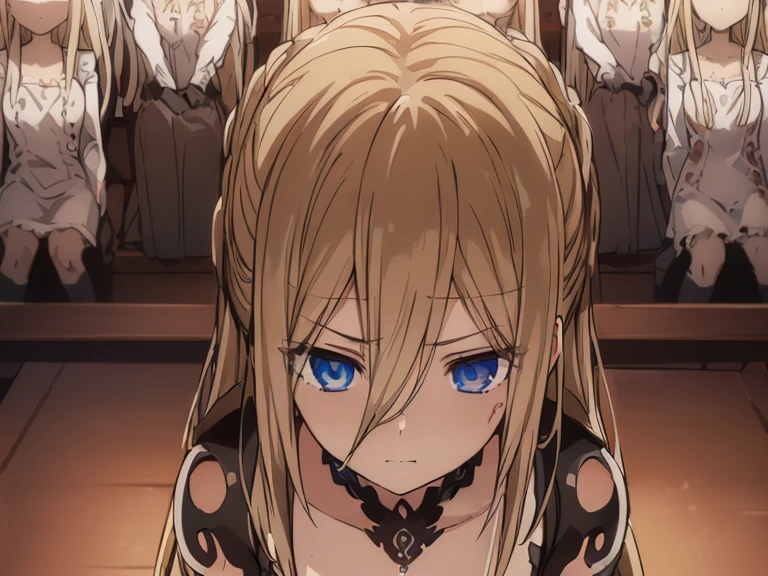 best quality, masterpiece, (((((6 girls)))), blond hair, ((blood)), (((non expresion))), detailed facial expression, intense emotions, dark background, dramatic lighting, haunting atmosphere, detailed eyes, (perfect hands, perfect anatomy), (torn combat suit), (((((detailed eyes))))), View towards the viewer, different hair, different eyes
