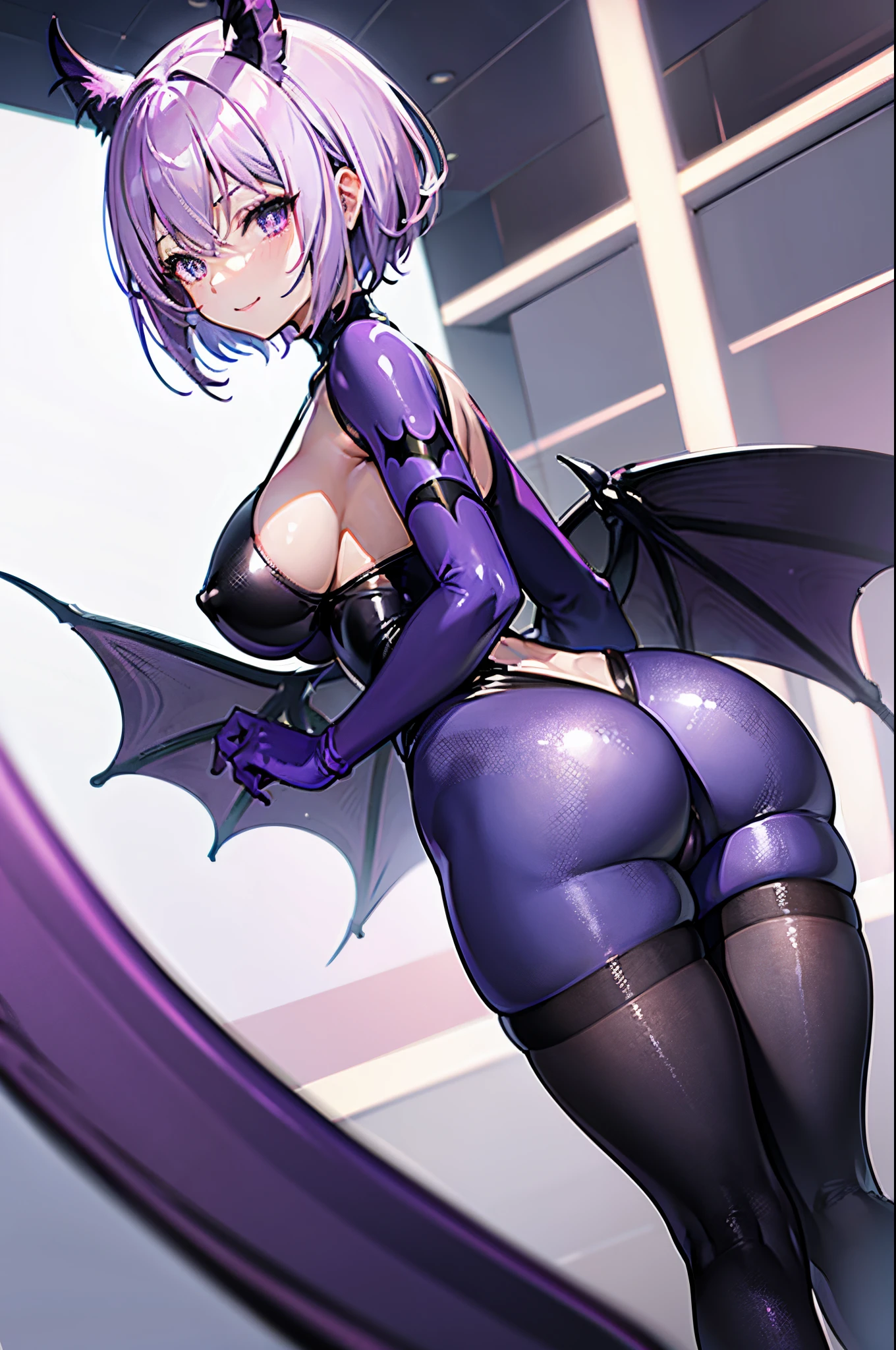 Carefully draw the face　High-quality faces in anime style　Lilac short bob　huge tit　Big ass　Whip thighs　Super glossy skin　Black full body suit　Bat-print purple pantyhose　seductiv　a smile　succubus　Rear view