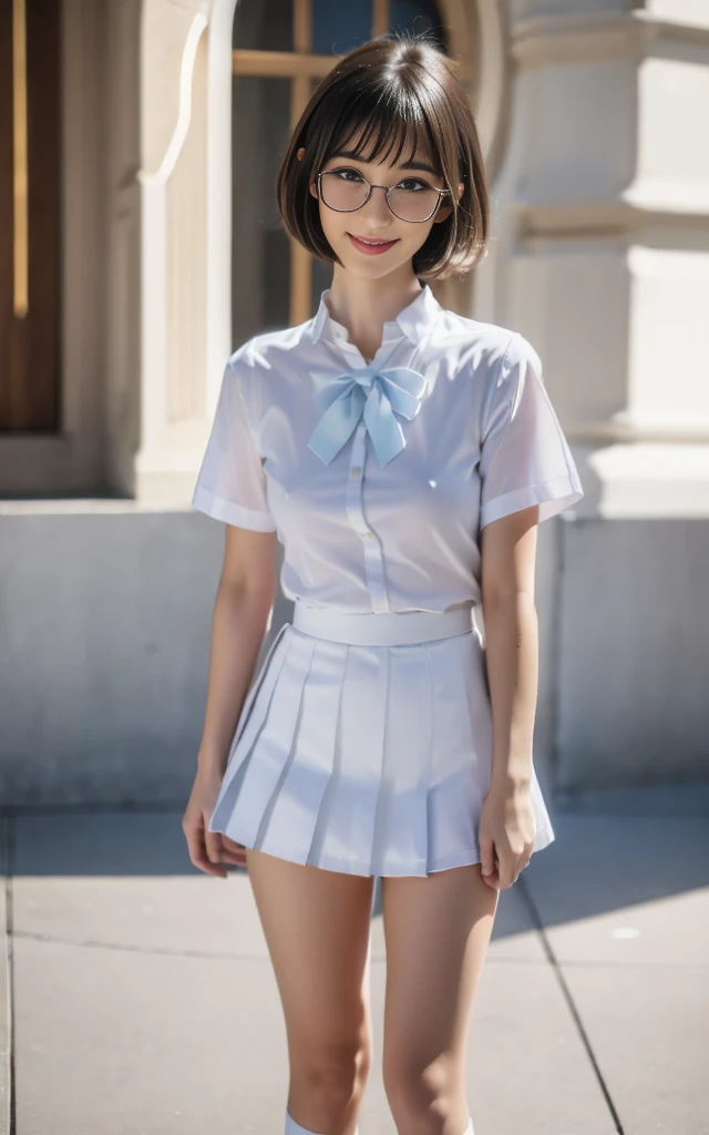 8k,cinematic lighting,top-quality,Top image quality,masterpiece,best quality,depth of field,ultra-detailed,from below,Standing,mideum shot,full body,1girl,Japanese,32 years old,(Gyaru:1.2),(Black hair,very short messy bobcut:1.2),(Oval light brown cell frame glasses:1.2),detailed brown eyes,(slender body:1.2),((flat chest:1.5)),slightly large hip,(tanned skin), (School Rooftop:1.1),sunset,magic hour,smile,(blushing:1.4) JP SCHOOL UNIFORM,face,looking at viewer,no bra,nIpples_visible_through_clothing,(dark check skirt),school tie,white shirts,