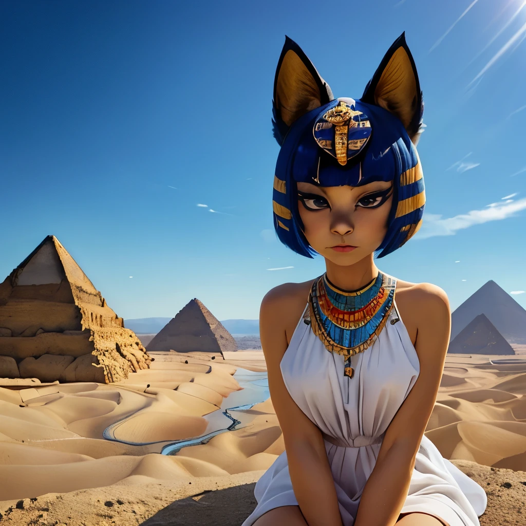 masterpiece, best quality, ultra-detailed, illustration, epic lighting, cinematic composition, 1girl, catgirl, ankha (animal crossing), yellow skin, cat tail, cat ears, short blue hair, bangs, white dress, sitting, (from below:1.1), cowboy shot, expressionless, (looking at viewer:1.1), outdoors, desert, sand, oasis, palm trees, river, pyramid, (8k:1.1)