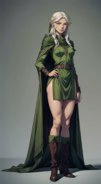 no background, background clean, standing character full body ((solo)), elf female beautiful adult, perfect slim body, beautiful charming cute face, serious face, long white hair, pretty detail eyes, beautiful detailed lips, extremely detailed eyes and face, green armor elf, green cloak, bare legs, leather boots