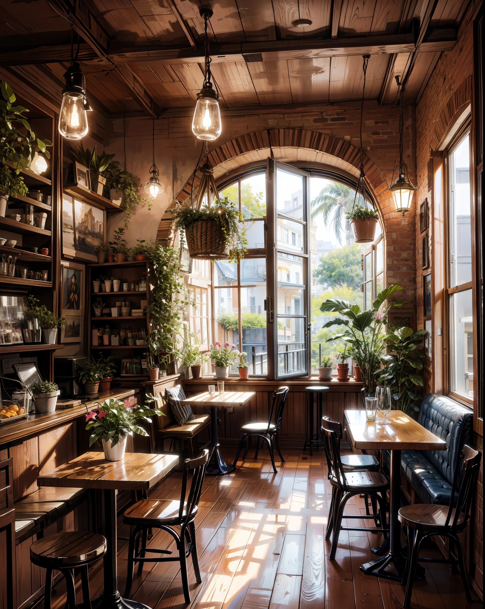 painting of a French cafe interior view, beautiful calm lofi vibe,monstera plant, hanging lights ,chair,table 4k hd, cloud, Bougainville,beautiful art uhd 4 k, a beautiful artwork illustration, beautiful digital painting, highly detailed digital painting, beautiful digital artwork, detailed painting 4 k, very detailed digital painting, rich picturesque colors, gorgeous digital painting