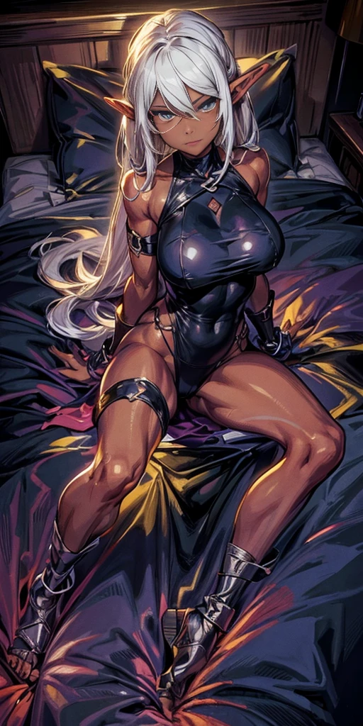 cowboy shot, blindfold, blinfolded eyes, female big breast, full body, fetal positon on bed (shackles on legs and arms inside bed), 1girl, drow, colored skin, dark elf, pointy ears