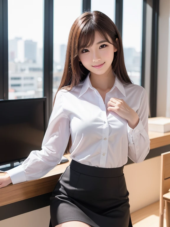 (8k, RAW photo, best quality, masterpiece, extremely detailed:1.2),(realistic, photo-realistic:1.4), sharp focus, cinematic, detailed 8k background, soft light, cute, (Japanese idol:1.2), detailed skin, shiny skin, 20 years old, extremely detailed face, pale skin, brown eyes, smiling, looking at viewer, small breasts, ((shirt formal)), business suits, black skirt, stockings, upper body shot, in the office