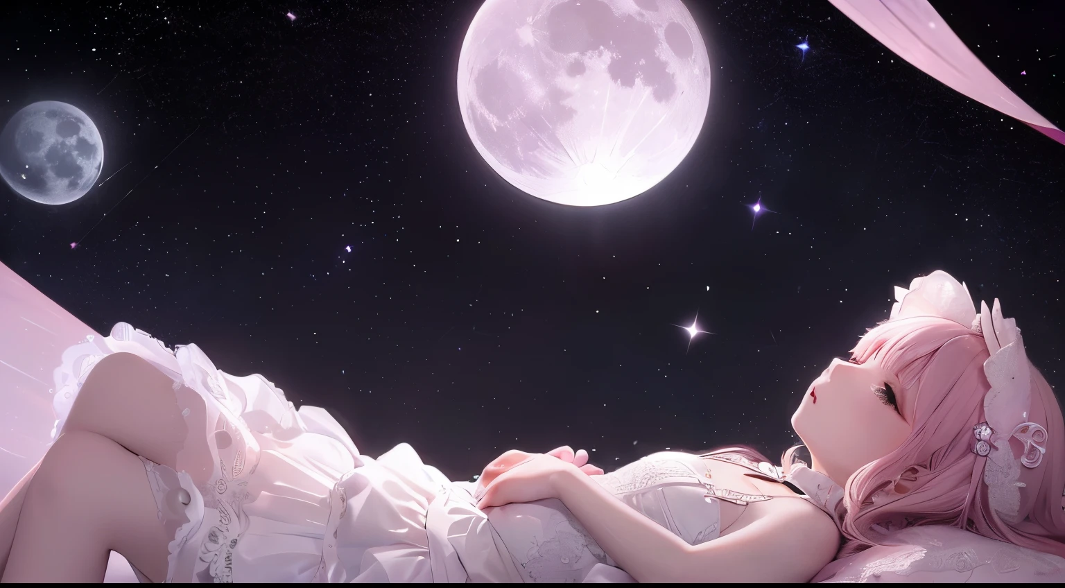 (a very delicate and beautiful）、Has a small、（pink fullmoon）Black background、moononly、No human、