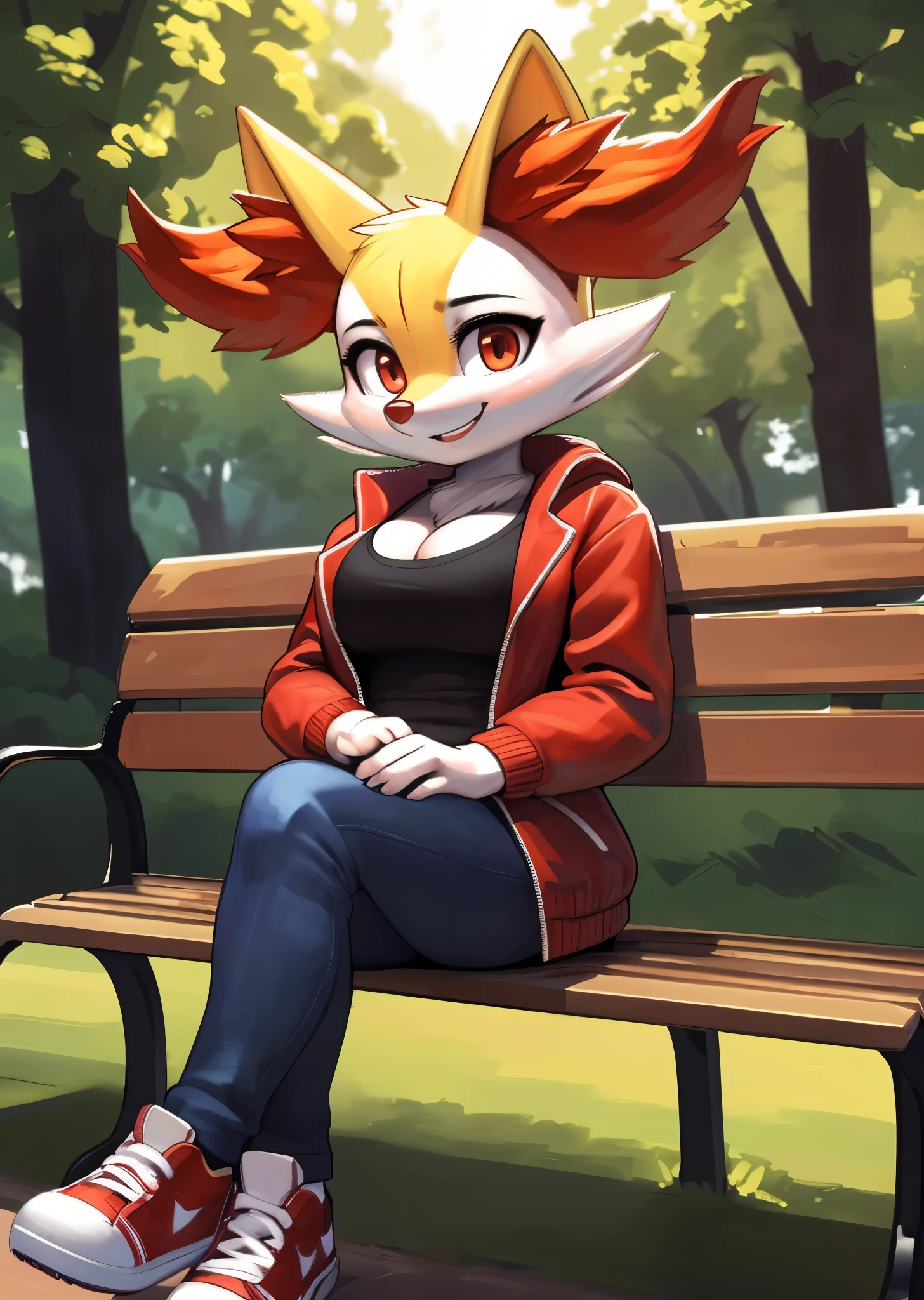 [Braixen], [pokemon], [Uploaded to e621.net; (wamudraws), (Pixelsketcher), (mayosplash)], ((masterpiece)), ((HD)), ((solo portrait)) ((front view)), ((full body)), ((furry art)), ((detailed fur)), ((detailed shading)), ((beautiful render art)), {female anthro fox; (yellow, red, and black fur), red ear fluff, (cute bright orange eyes), (medium boobs), (curvy hips), (beautiful legs), (cute smile)}, {(red jacket), (black tee shirt), (cleavage), (tight blue jeans), (red sneakers)}, {(sitting on bench), (hands in lap), (crossed legs)}, [background; (blue sky), (park), (trees), (sun rays)]