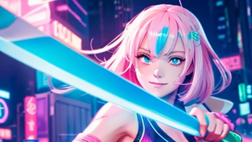 A beautiful girl with white pink hair holds a sword in an animated and lively cyberpunk style.、Computer wallpaper based on red, green and blue