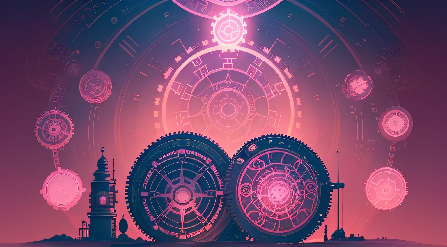 steampunc、gear wheel、Guard、蒸気のBackground with付き、radiation、stele、a moon、たくさんのgear wheel、fluorescent、Background with, Circular stage, Cool System, Pastel colors, Best Quality、kirakira、stele、heart mark、Diamond、Background withpink there水色、pink there、shuicolor、amarelo、たくさんのgear wheel
