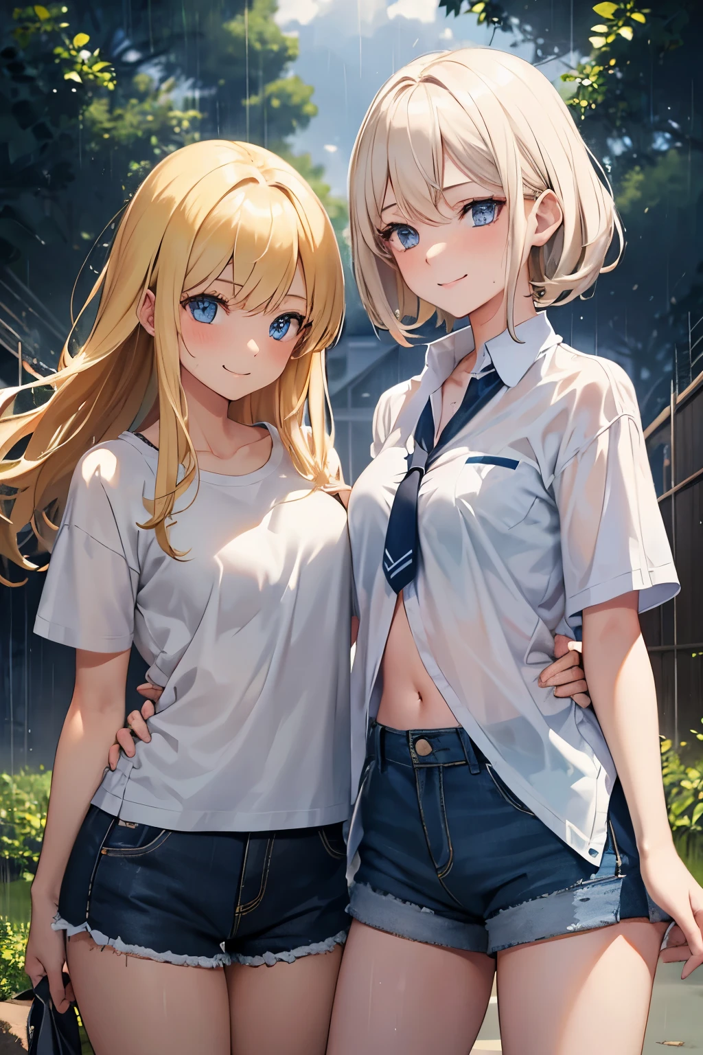 2girls, blonde hair, blue eyes, white shirt, short shorts, smiling, blushing, sweat, rain, dark clouds, noon