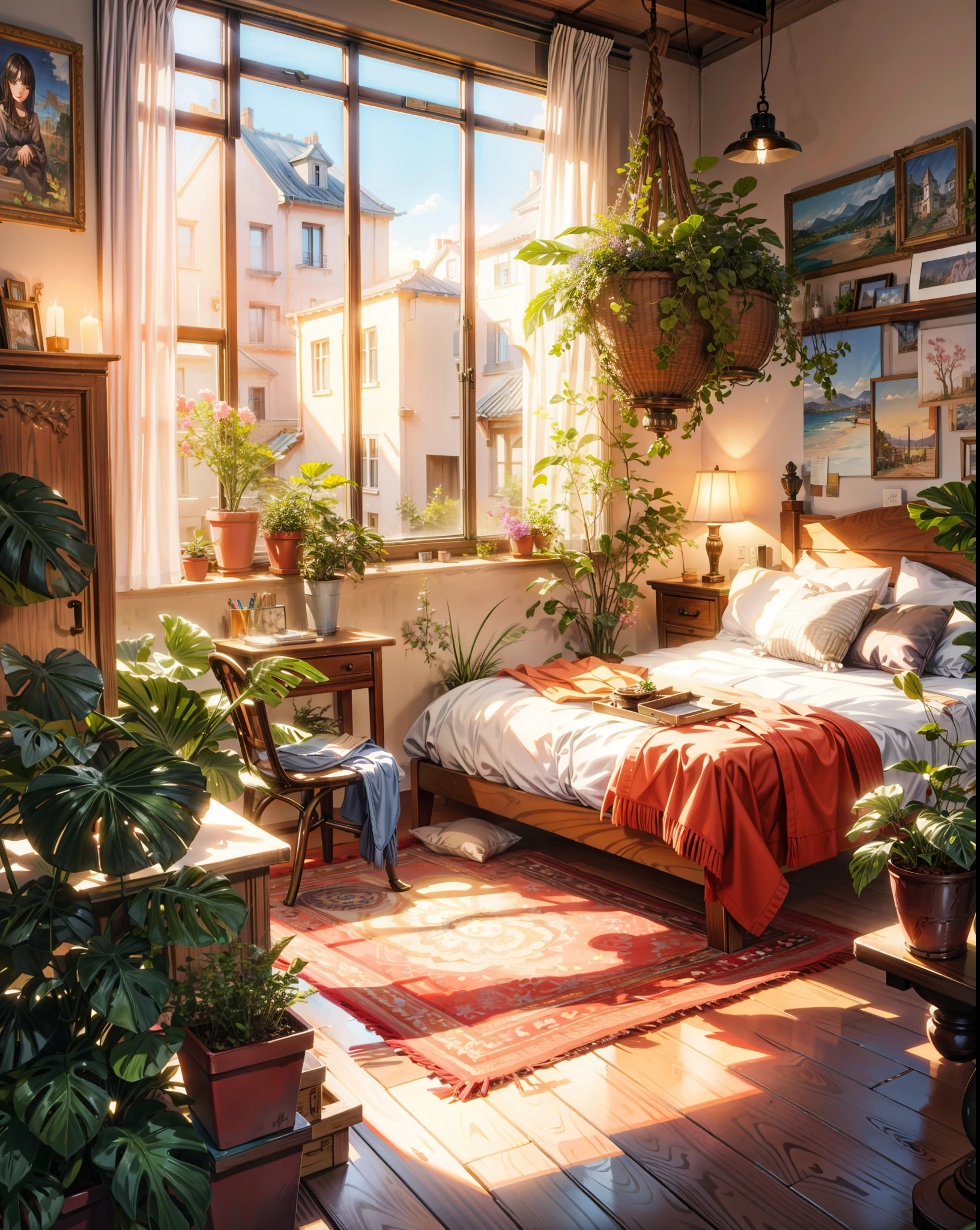painting of a French cozy bedroom interior view, beautiful calm lofi vibe,rug,monstera plant, hanging lights ,chair,table 4k hd, cloud, Bougainville,beautiful art uhd 4 k, a beautiful artwork illustration, beautiful digital painting, highly detailed digital painting, beautiful digital artwork, detailed painting 4 k, very detailed digital painting, rich picturesque colors, gorgeous digital painting