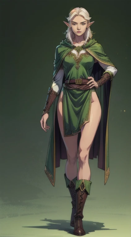 no background, background clean, standing character full body ((solo)), elf female beautiful adult, perfect slim body, beautiful charming cute face, serious face, long white hair, pretty detail eyes, beautiful detailed lips, extremely detailed eyes and face, green armor elf, green cloak, bare legs, leather boots