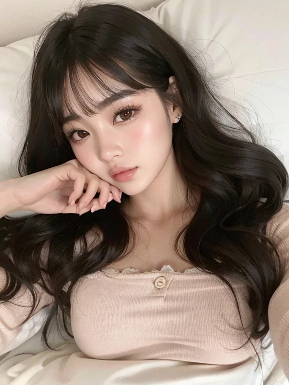 Mujer araffe acostada en la cama con la mano en la mejilla., ulzzang, Hermosa joven coreana, Chica coreana, Joven y adorable rostro coreano, Hermosa joven coreana, Jaeyeon Nam, Hermosa mujer surcoreana, Cabello largo con flequillo completo, Cabello limpio con flequillo, Wan adorable cara coreana, Pelo largo con flequillo, Sakimichan, Jinyoung Shin