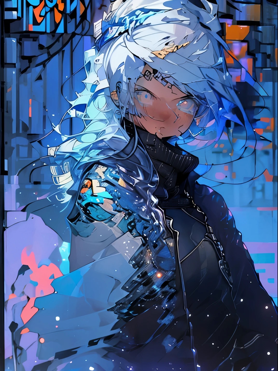 high definition, sky, clouds, spear weapon, glowing, state-of-the-art robot, building, glowing eyes, state-of-the-art mech, science fiction, city, real, blue main mech, core on chest,like Poseidon,