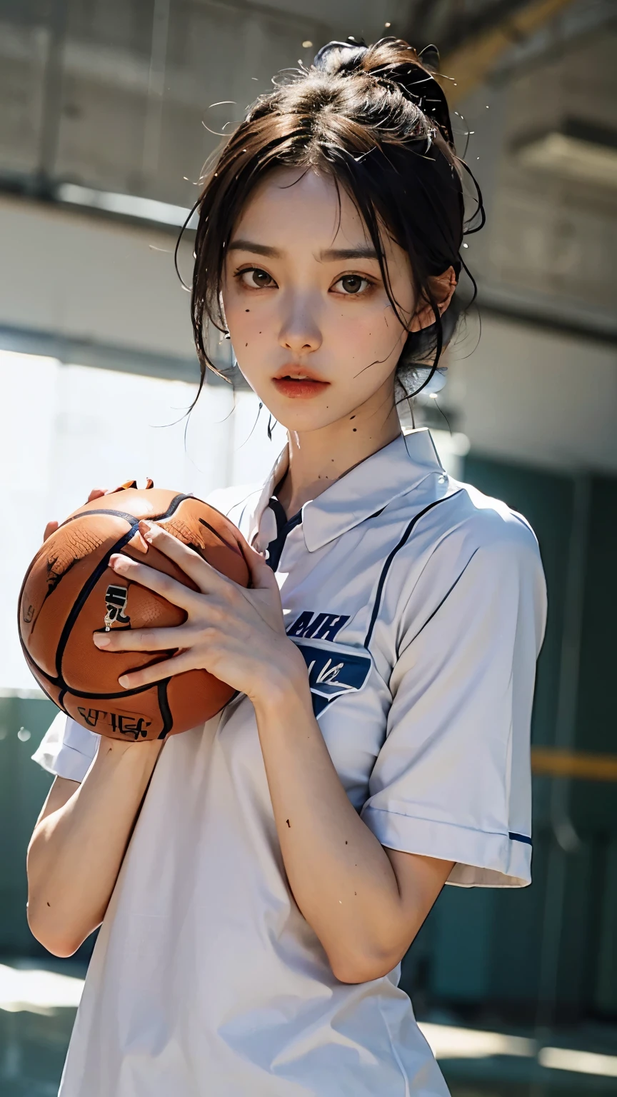 quality, 超高分辨率, (realisticlying: 1.4), 8K分辨率, (Woman in basketball uniform), (Random hair: 1.3), (realisticlying的头发: 1.2), (realisticlying的眼睛: 1.2), (beauitful face: 1.3), (), (Wet skin: 1.2),(dynamic angle:1.5),(Frowning),(full bodyesbian),(Look from the front),(crime),