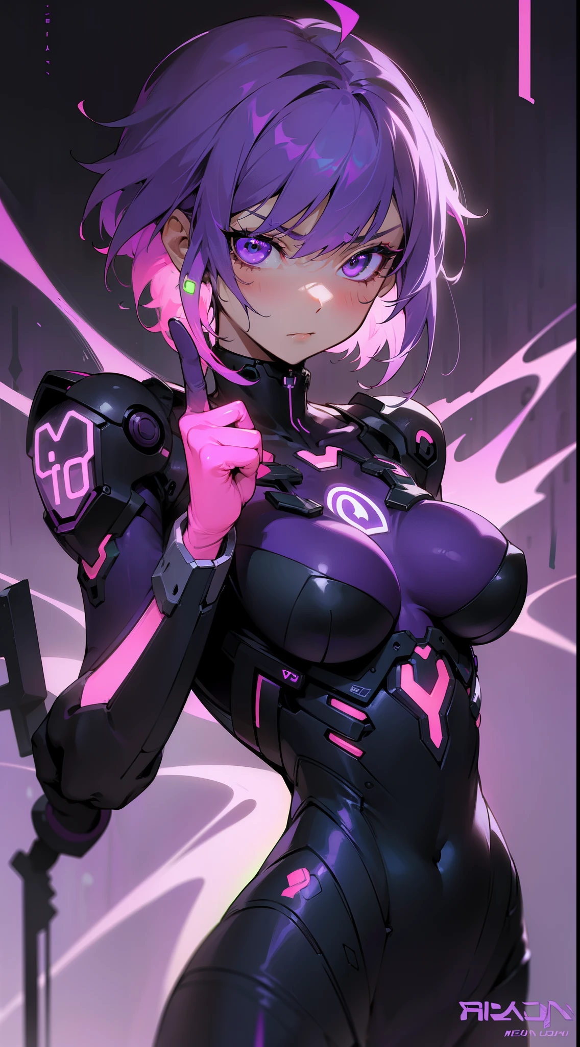 Intricate details: 1.2, ultra-detailliert、1 girl, Purple hair, Short bowl cut, Bright purple eyes, (purple neon color:1.5), large full breasts, glowing neon earrings, body tattoos, Bracelet in hand、Movie Posters、It depicts a young woman as the central character。She stands confidently in the center of the poster,Wear a trendy cyborg futuristic outfit,(purple neon colorに輝くコスチューム:1.3),with determined expressions on their faces、Dark and grainy background,There is a sense of crisis and a strong sense、Adds overall drama and excitement。The color palette is dominated by dark colors,Dotted with bright colors、pantomime art、expressive body language、silent storytelling、evocative gestures、visual narratives、(neon glowing cyberpunk wall)