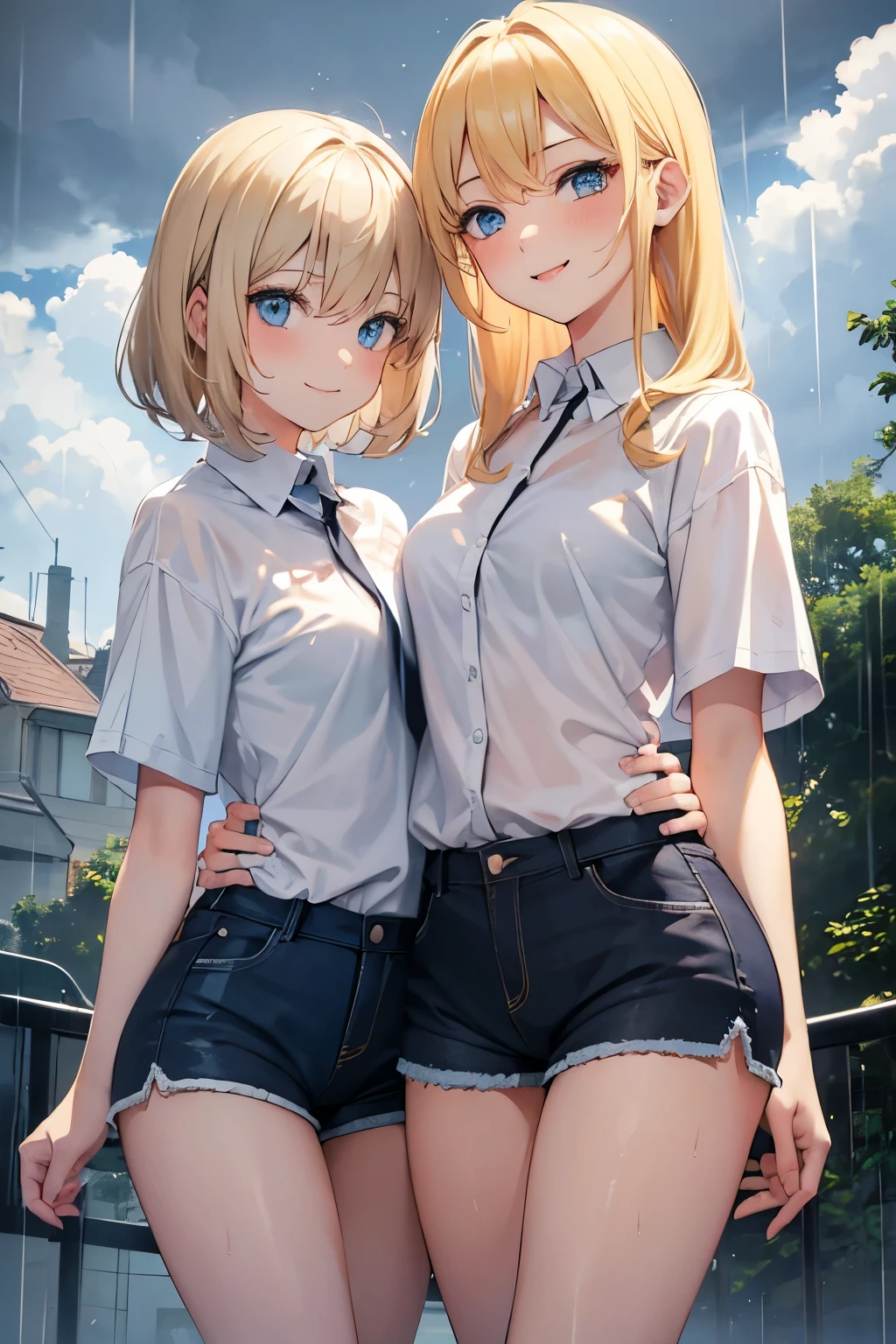 2girls, blonde hair, blue eyes, white shirt, short shorts, smiling, blushing, sweat, rain, dark clouds, noon