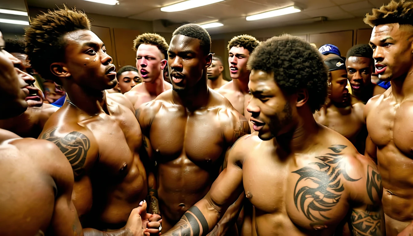 Wide Side camera angle, Locker-room full of large group of naked fully nude African American men with penis erections dancing , Sweaty strong buff, Anatomically correct, “beautiful hands” and “detailed fingers, 💪🏽 head to toe full body views of HBCU football players lusting no different positions and from different angles , groping and touching each other, in a Locker-room well-lit Crowded with teammates that have Tattoos that are tribal, intricate and varied and very visible Sweat.