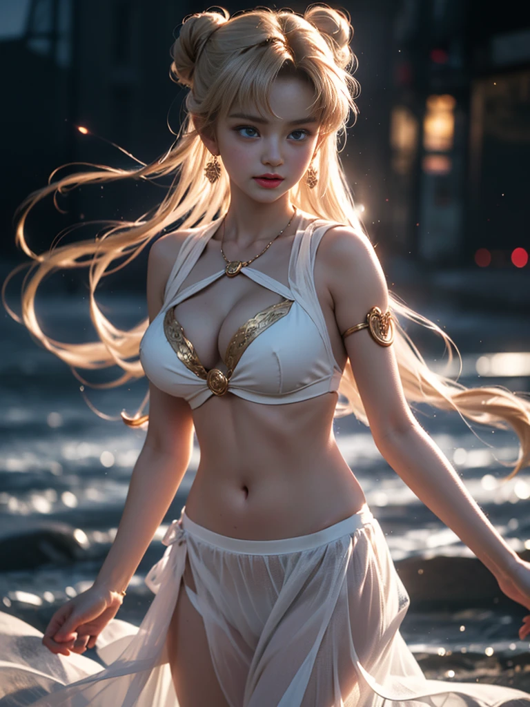 tmasterpiece,Highest image quality,super detailing,Best quality ,Extremely Delicately Beautiful, Very meticulous,Best quality, offcial art, extremely detaild的 CG unified 8k wallpapers,(CG Unity 8K wallpaper in extreme detail,tmasterpiece,Highest image quality),(Delicate light and shadow,The picture is highly dramatic,Cinematic lens effect), (the sailor moon:1.1),Charming smile,double tails, eBlue eyes,golden hair, Skinny lace top,whitegloveini-skirts,dynamicposes),The background is the universe(Exceptional detail,The lighting effect is outstanding,Vista wide angle),(Excellent rendering,Enough to stand out from the crowd),Sexy big breasts,The sexiest look,Twisted braided kini swimsuit,Dreamcatcher earrings,The most beautiful woman in the world,(Beautiful big breasts,Deep,The kinky is exposed,Camel toes,Taste,black silk clothing,),Beautiful girl transformed,