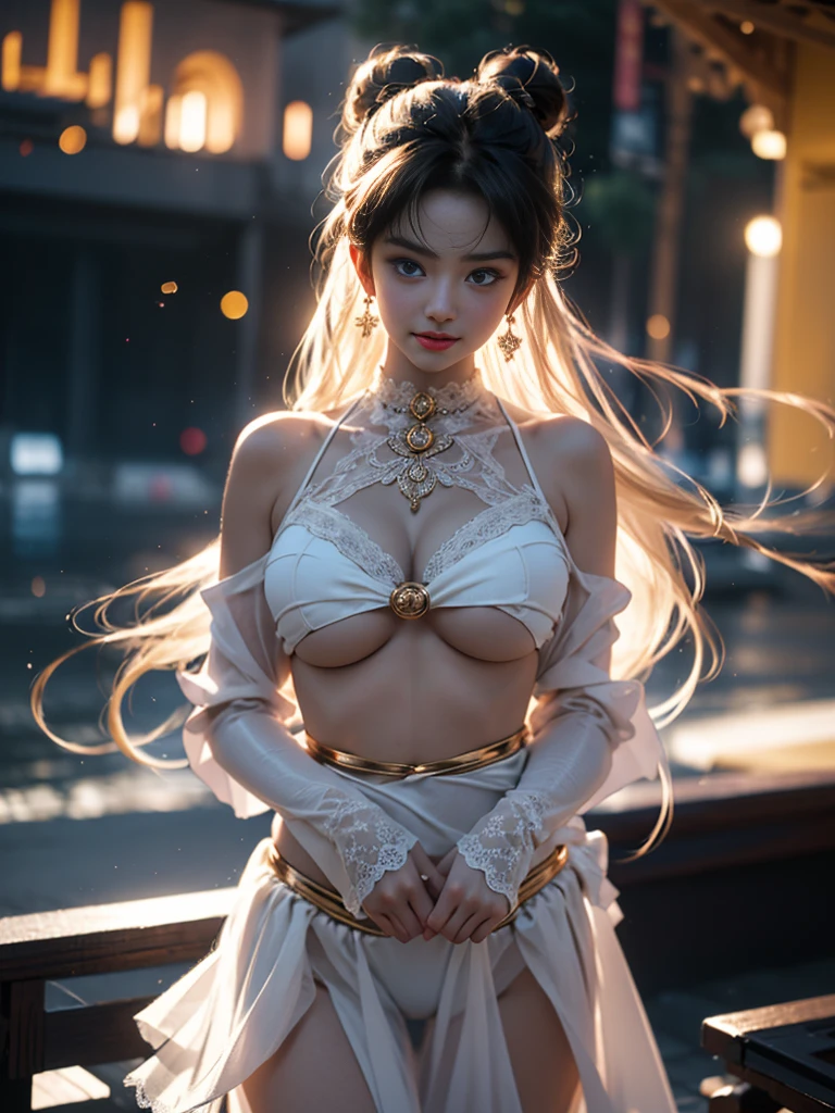 tmasterpiece,Highest image quality,super detailing,Best quality ,Extremely Delicately Beautiful, Very meticulous,Best quality, offcial art, extremely detaild的 CG unified 8k wallpapers,(CG Unity 8K wallpaper in extreme detail,tmasterpiece,Highest image quality),(Delicate light and shadow,The picture is highly dramatic,Cinematic lens effect), (the sailor moon:1.1),Charming smile,double tails, eBlue eyes,golden hair, Skinny lace top,whitegloveini-skirts,dynamicposes),The background is the universe(Exceptional detail,The lighting effect is outstanding,Vista wide angle),(Excellent rendering,Enough to stand out from the crowd),Sexy big breasts,The sexiest look,Twisted braided kini swimsuit,Dreamcatcher earrings,The most beautiful woman in the world,(Beautiful big breasts,Deep,The kinky is exposed,Camel toes,Taste,black silk clothing,),Beautiful girl transformed,