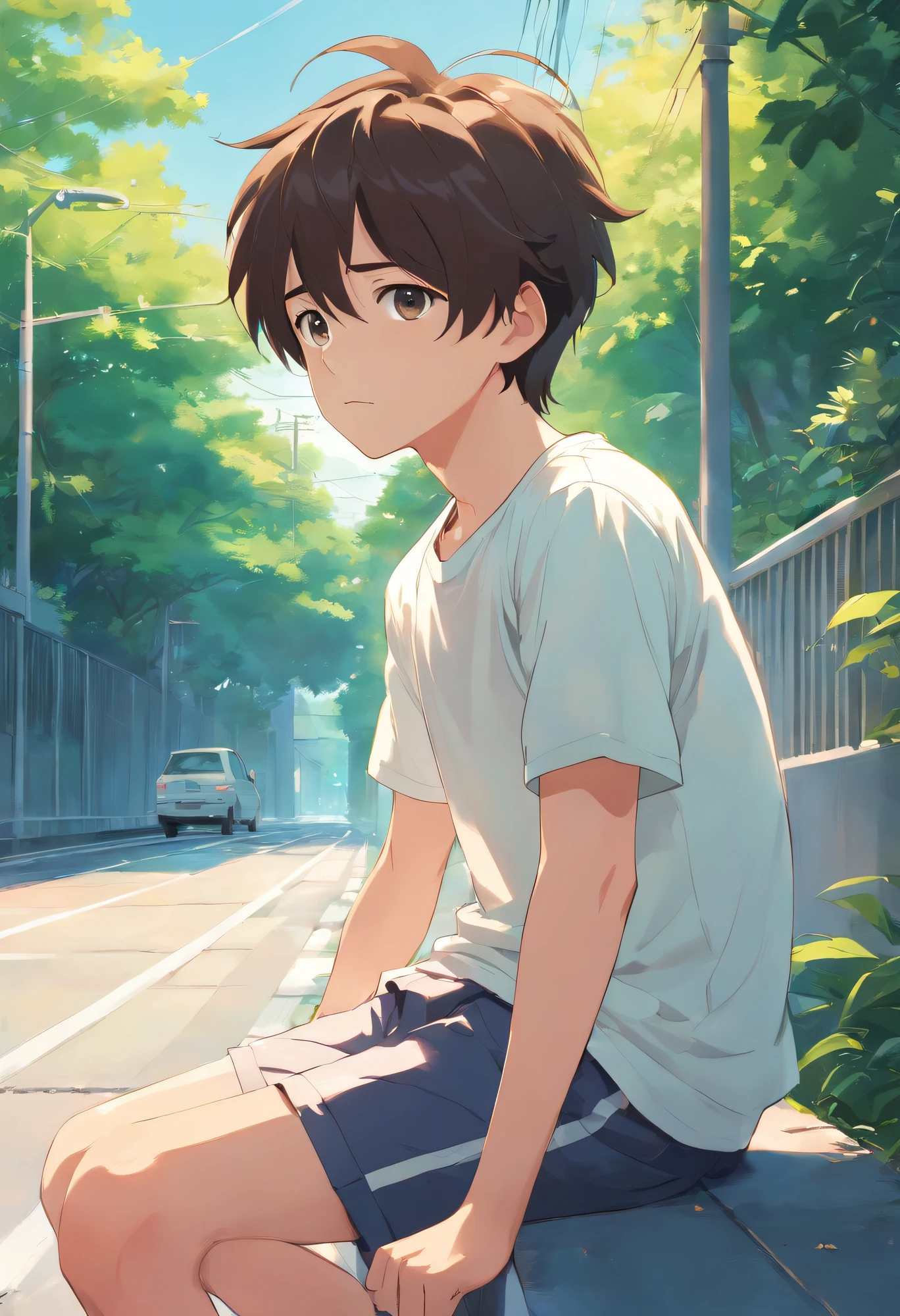 The boy's facial features are delicate. Boy wearing white short-sleeved sneakers looking sideways