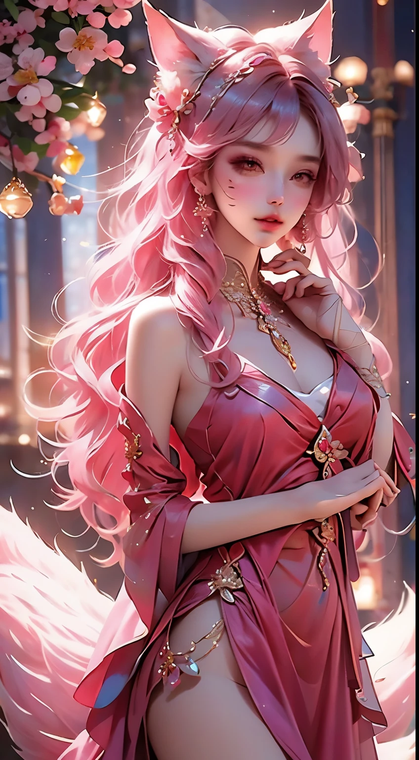 Red fox ears and tail，There is a woman in red dress holding a feather， inspired by plum trees， Inspired by Lanying， inspired by Ai Xuan， Inspired by Ma Yuanyu， Popular topics on cgstation， 宮 ， A girl in Hanfu， Inspired by Qiu Ying， beautiful fantasy empresull body xianxia， Hanfu， Inspired by Tang Yifen