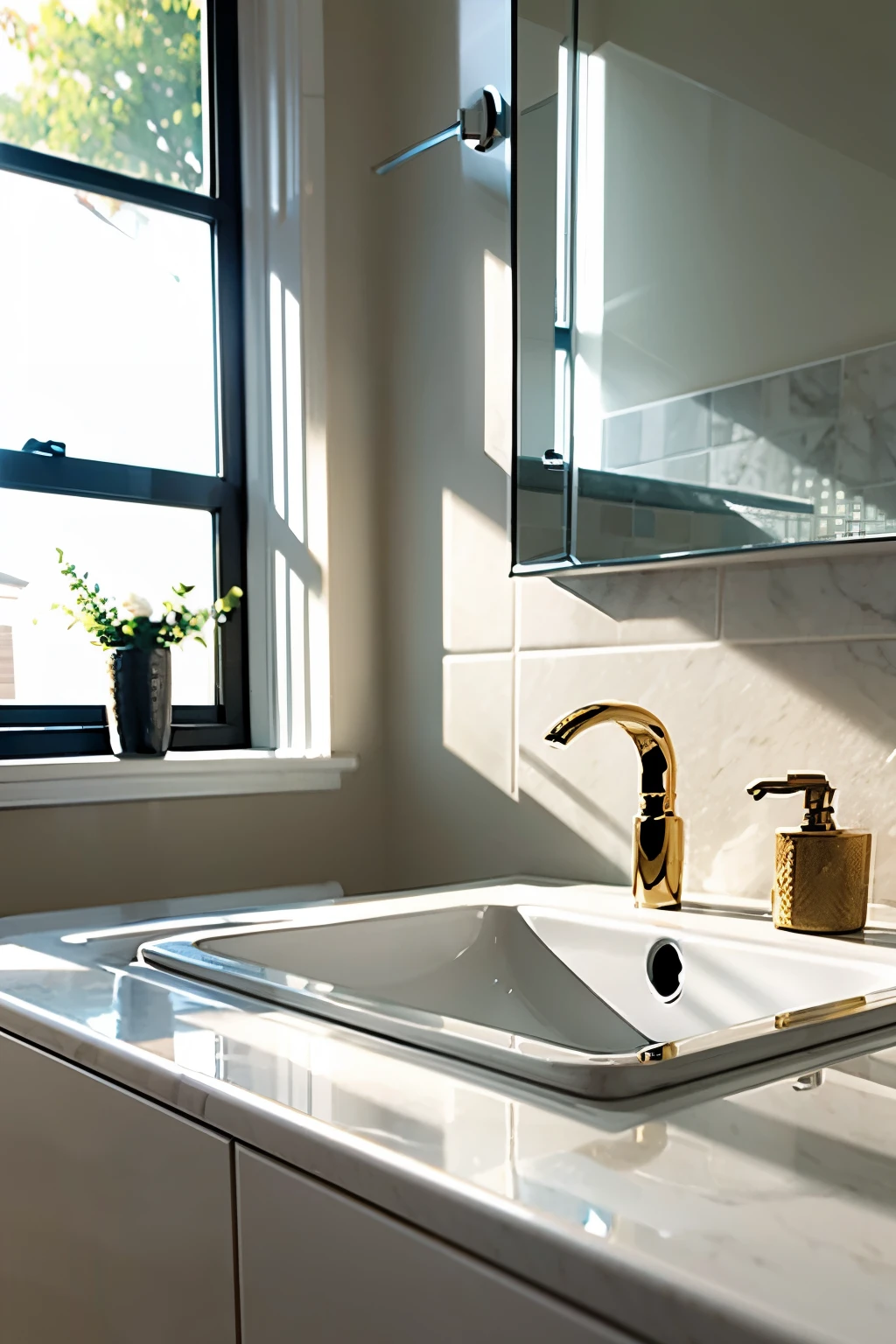 close up, faucet on white bathroom, morning vibe lighting, hyper realistic --ar 3:2
