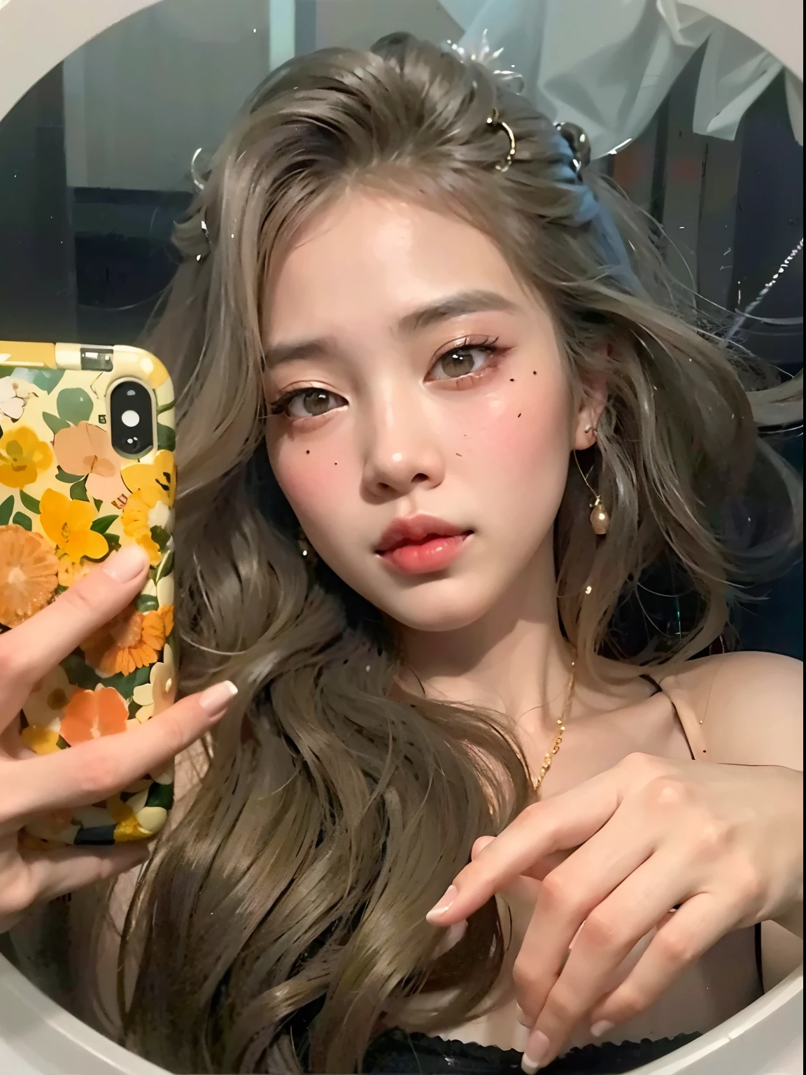 A close-up of a woman taking a selfie in a mirror, maquillaje popular de Corea del Sur, maquillaje coreano popular, beautiful aesthetic face, Cara sexy con maquillaje completo, ulzzang, Hermosa mujer surcoreana, Rasgos de la cara coreana, Chica coreana, Wan adorable cara coreana, Sakimichan, Hermosa joven coreana, aesthetic face, Cara redonda completa, Hermosa joven coreana