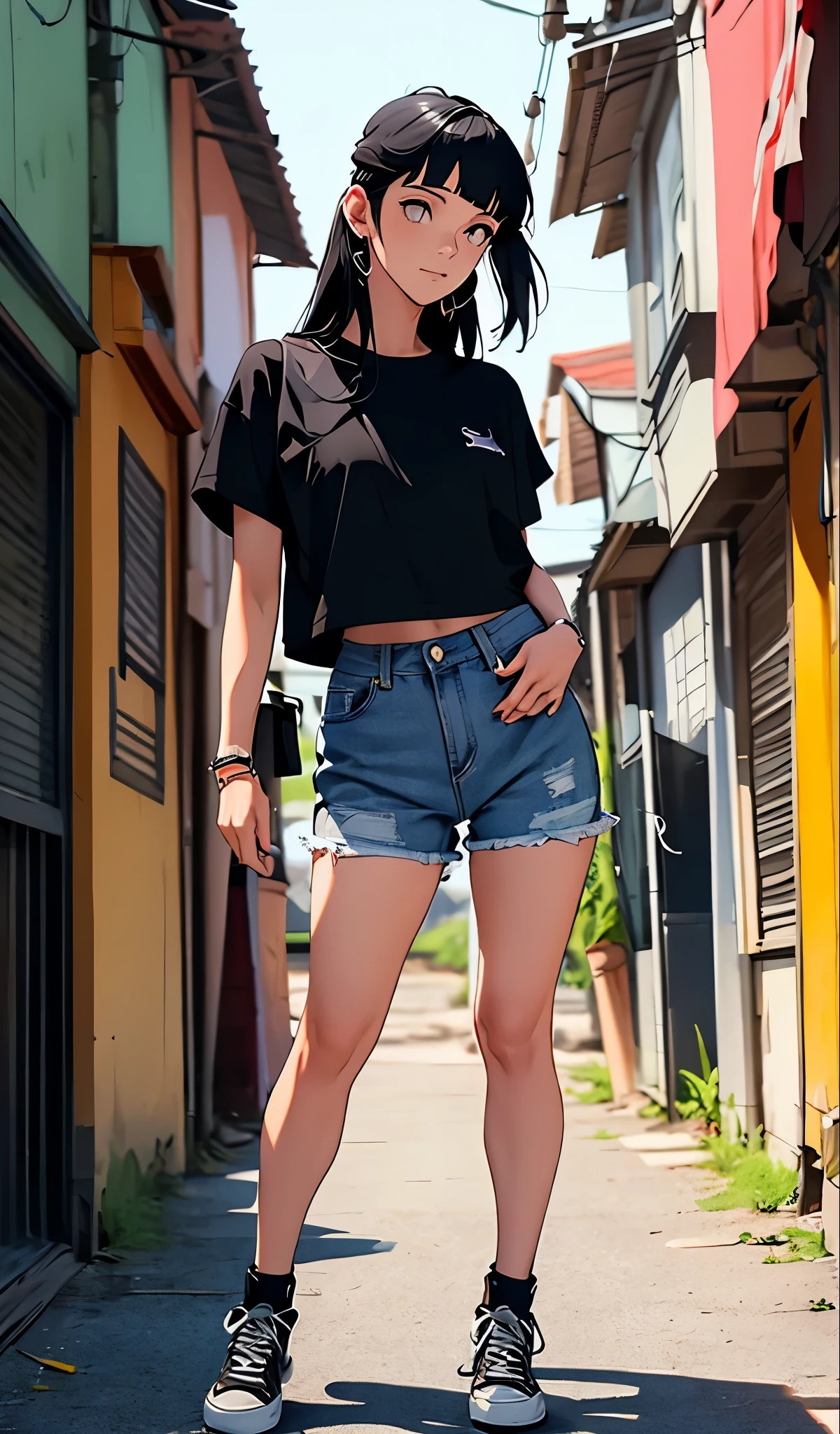 Hinata Hyuga, muito , com roupas de funkeira Lacoste, Oakley Juliet, brasileira, na cidade do rio de janeiro, Brasil, dancing funk, rebolando, bunda grande, pernas grossas, usando um short jeans extremamente curto, showing a piece of ass, Micro Short Curto, usando uma mini blusa, umbigo com pirsing, sneakers Nike, cabelo comprido, caixa de som JBL no fundo, favela no fundo, periferia no fundo, corpo inteiro, muito realista, extremamente Realista, extremamente sexy, 8k, 8k extremamente detalhado), (um extremamente delicado e bonito), (obra-prima), (melhor qualidade: 1.0), (ultra highres:1.0)