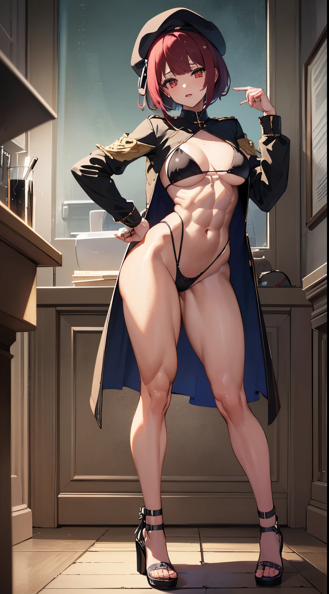 (((1 girl))), Kana Arima, bob cut, (red eyes: 1.5), red hair, short hair,
BREAK beret, (Wearing a very sexy and short bikini), hat, (muscular belly), wide hips, slim waist, shapely legs, wearing black high-heeled shoes, (((stand))), {{{ full body photo}}},
break looking at the viewer,
Break-in at home, classroom,
break (masterpiece:1.2), best quality, highest resolution, Unity 8k wallpaper, (illustration:0.8), (beautiful detailed eyes:1.6), Extremely detailed face, perfect lighting, extremely detailed CG, (perfect hands, perfect anatomy),