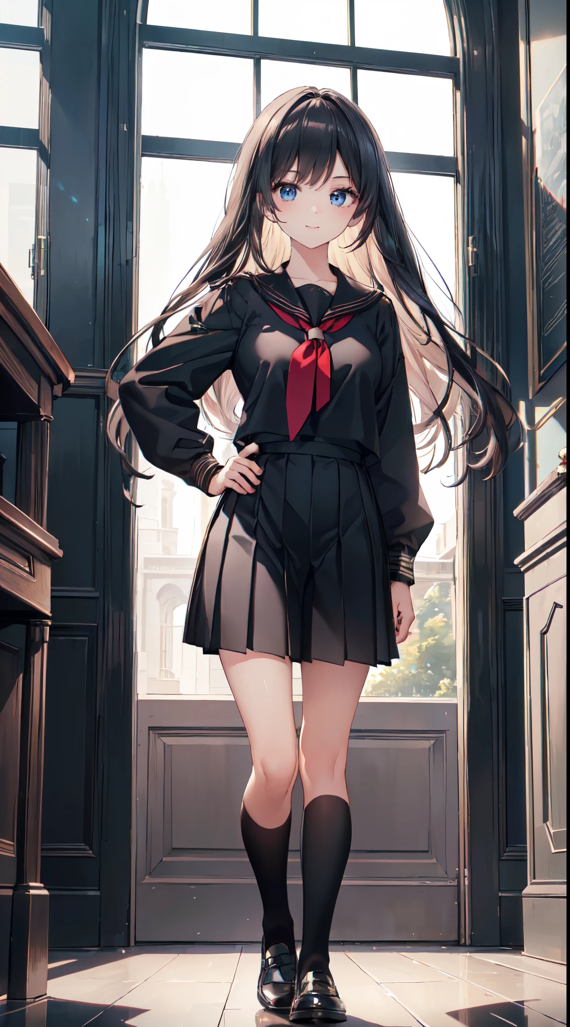 8k, (ultra-detailed:1.3, master piece:1.3, best quality:1.3, high resolution:1.3), 18year old, High school students, 1 person, (a girl, beautiful face, large and beautiful breasts, Blue eyes), eyes in highlight, catch light eyes, specular highlight eyes, (long hair, black hair), (long sleeve black sailor suit, black sailor color, Black pleated skirt, Separated uniforms, red ribbon tie, Black high socks, loafers) collarbone, from the front side, shoot from front, whole body), Smile with teeth, school corridor, (standing, one hand on hip)