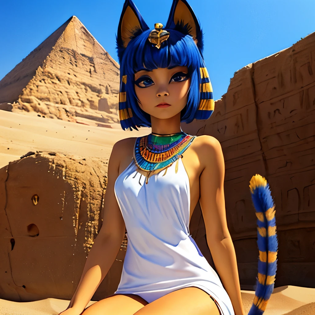 masterpiece, best quality, ultra-detailed, illustration, epic lighting, cinematic composition, 1girl, humanoid, human, ankha (animal crossing), yellow skin, cat tail, cat ears, short blue hair, bangs, white dress, sitting, (from below:1.1), cowboy shot, expressionless, (looking at viewer:1.1), outdoors, desert, sand, oasis, palm trees, river, pyramid, (8k:1.1)