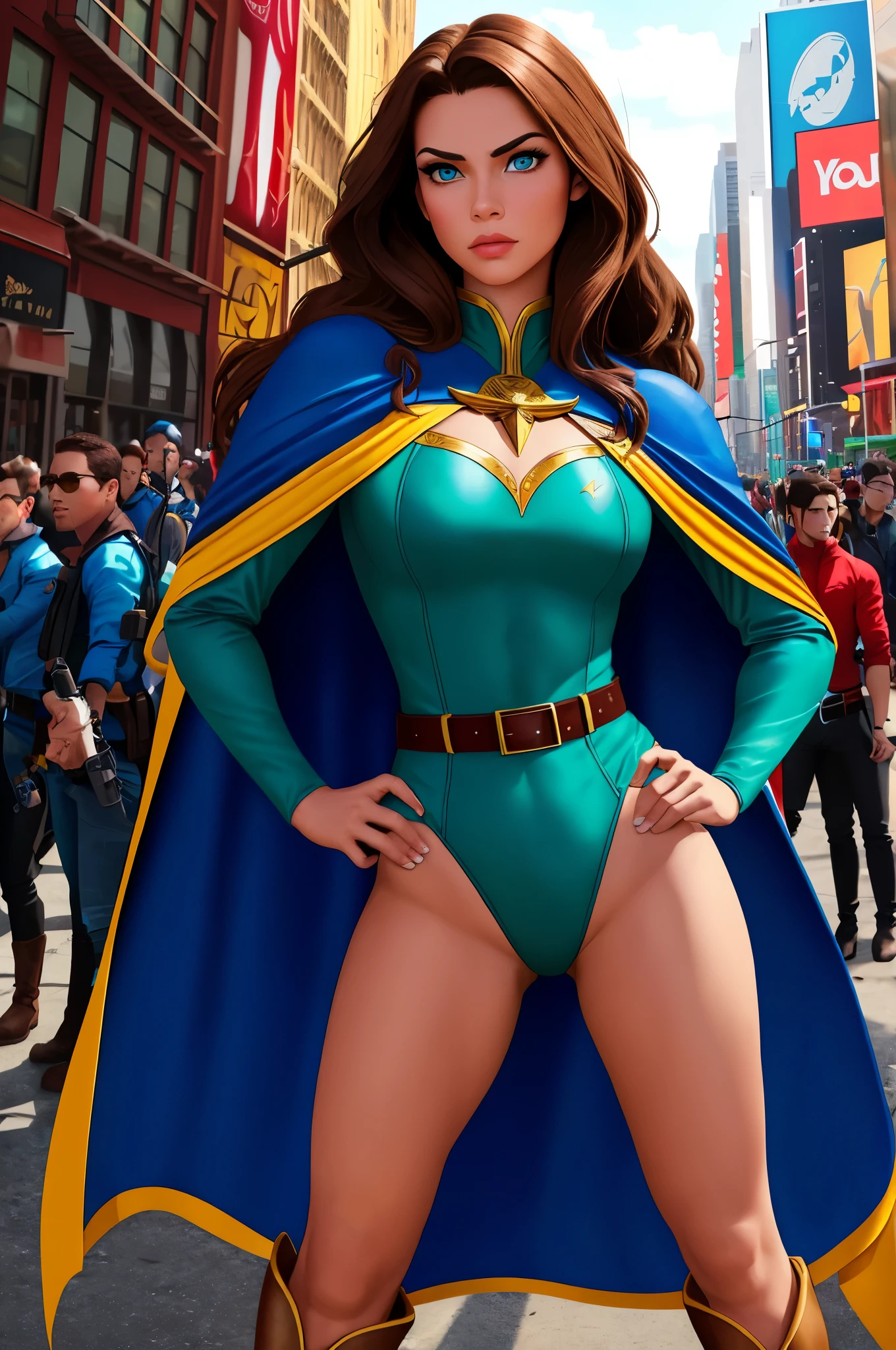((best quality)), ((masterpiece)), ((ultra realistic)), (dynamic heroic pose), american, beautiful detailed face, detailed eyes, sexy reporter, dressed in a red leotard, new york city backdrop, highly detailed, professional, bare legs, full body), hands on hip, standing, brown hair, medium hair, green eyes, matching boots, long sleeves, yellow hawk-shaped crest engraved on chest, blue cape, cowboy shot, belt
