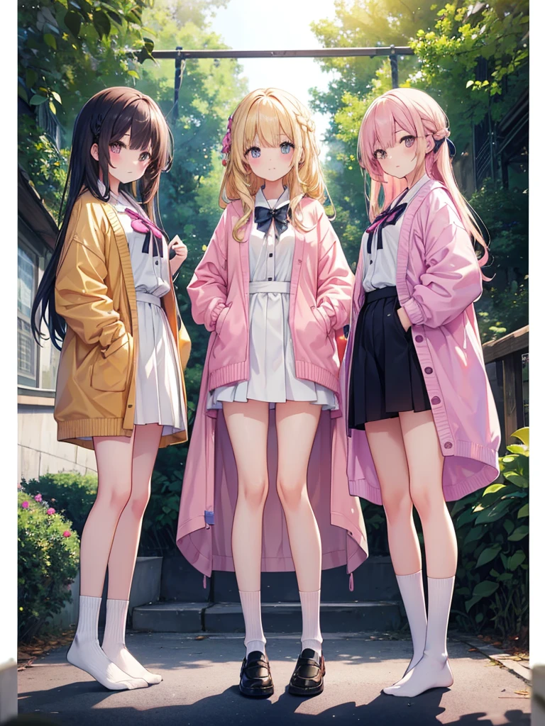 3girls, different hairstyles, different hair color, long hair, beautiful background harems 11Year old girl Multiple girls are depicted 校服 blazers Cardigan top-quality masterpiece 超A high resolution Huge Loose socks pink there a blond