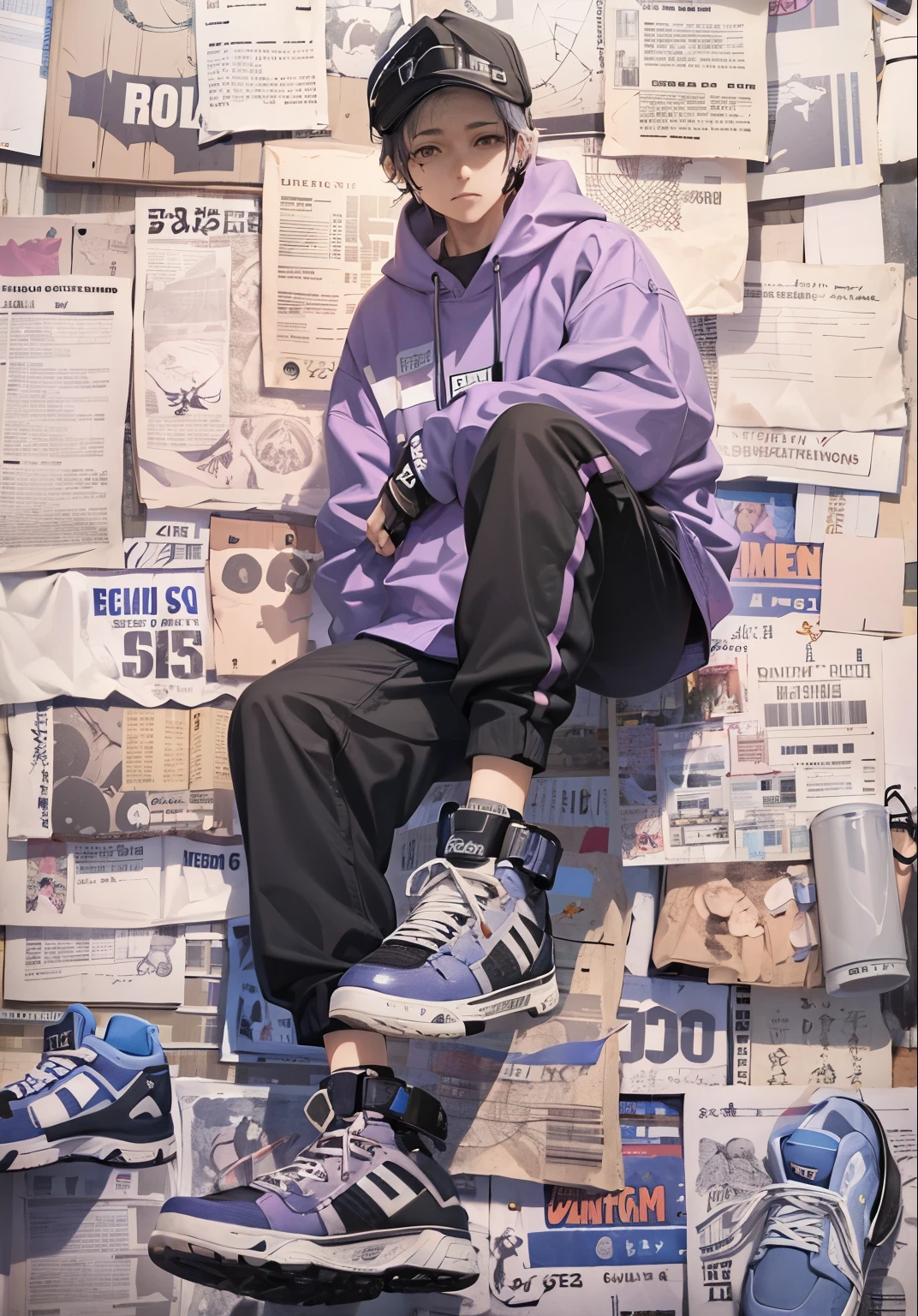 sharpened man sitting on a stack of newspapers with his feet on a skateboard, moda streetwear, japanese streetwear, wearing Cyberpunk Streetwear, Estilo de Jordan Grimmer, sneaker photo, trending on r/streetwear, Cyberpunk Streetwear, streetwear casual, Techwear Look e Roupas, wearing japanese techwear, vestindo um pescador 🧥, estilo de jornal, street wears
