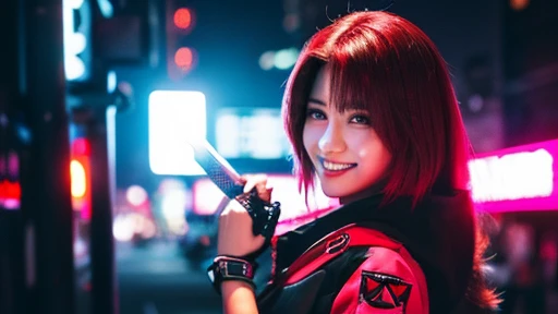 A dynamic cyberpunk-style beautiful girl with a white-pink smile is standing on the right side in red and black clothes, holding a sword.、pc wallpaper
