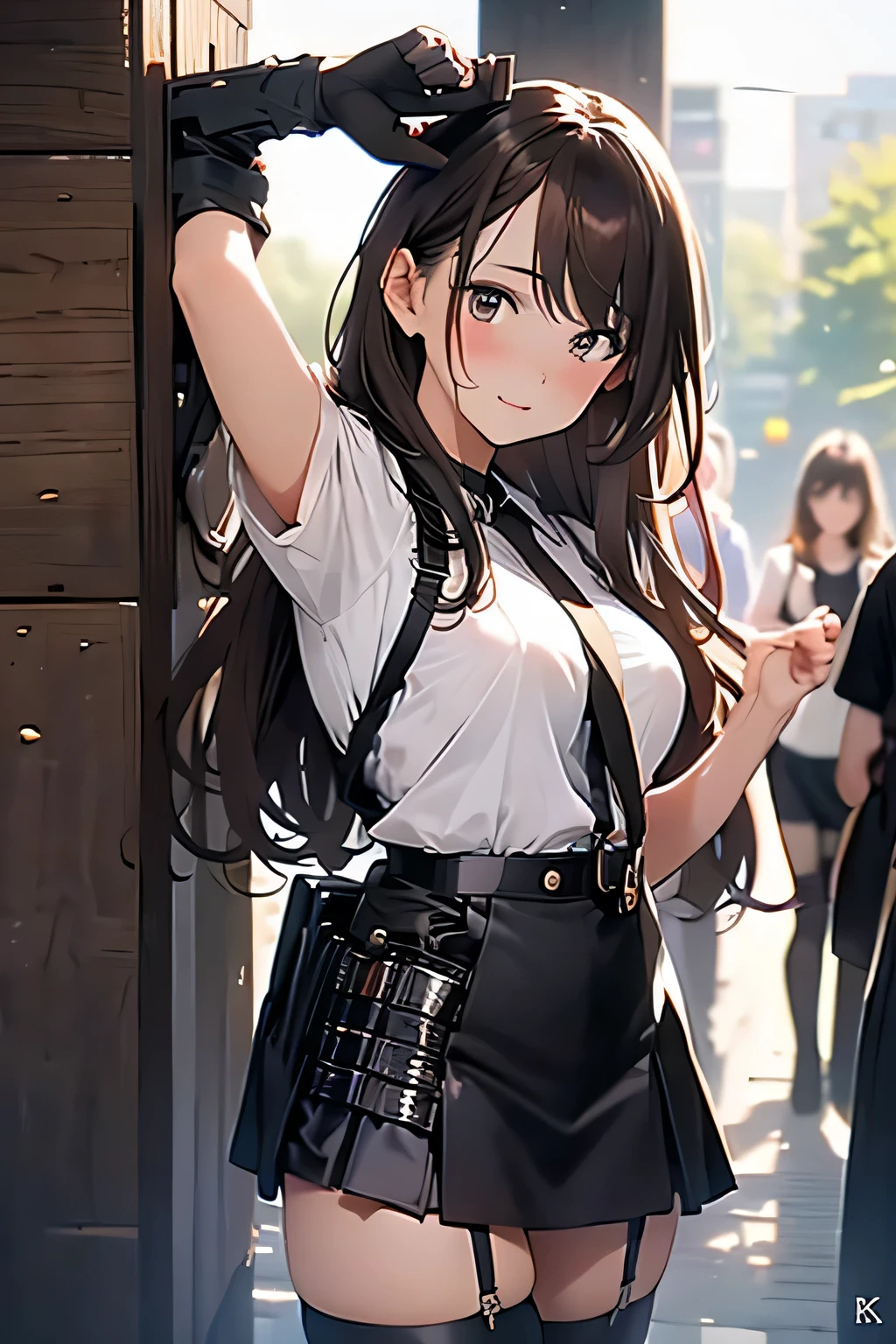 Brown hair、watching at viewers black suspenders bulging big tits walls: Black miniskirt garters Gaze a small face bangss holster Beautuful Women Hands up レッグholster ベッドに横たわる Gaze black boots panty shot Provocation flank flank汗 Soio arms are