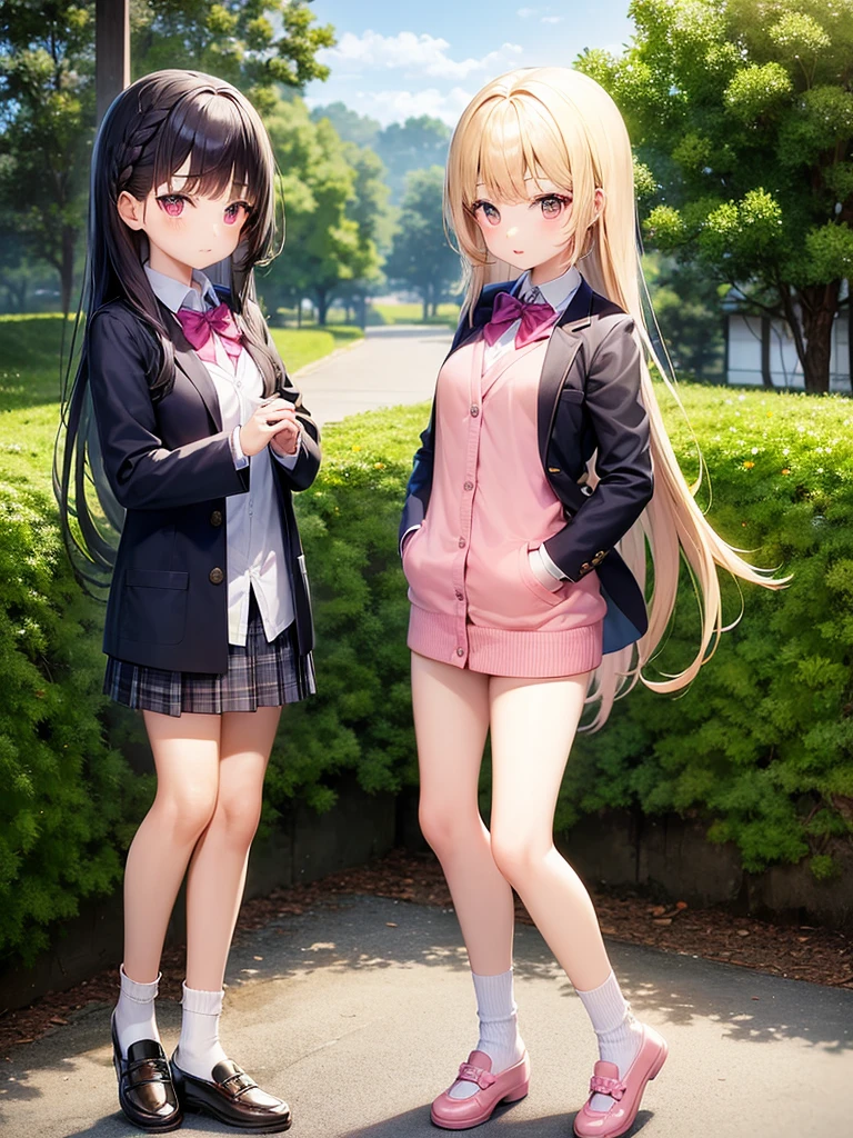3girls, different hairstyles, different hair color, long hair, beautiful background harems 11Year old girl Multiple girls are depicted 校服 blazers Cardigan top-quality masterpiece 超A high resolution Huge Loose socks pink there a blond