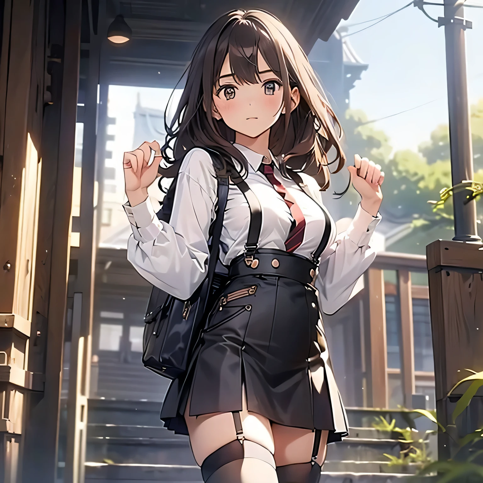 Brown hair、watching at viewers black suspenders bulging big tits walls: Black miniskirt garters Gaze a small face bangss holster Beautuful Women Hands up レッグholster ベッドに横たわる Gaze black boots panty shot Provocation flank flank汗 Soio arms are