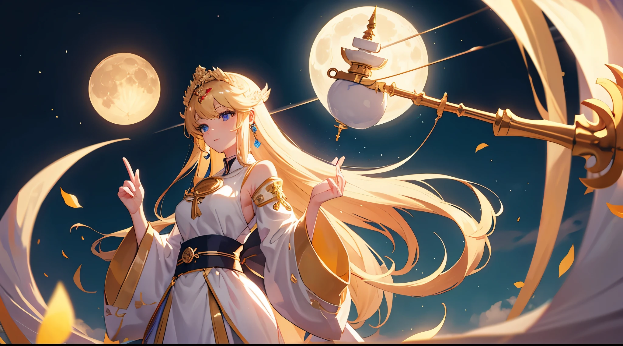 Masterpiece, best quality, Gigantic Key staff, Harvest Moon, White headphone, blonde, Korean, beautiful face, tall, slender, goddess of the moon, detailed face, moon temple, full body