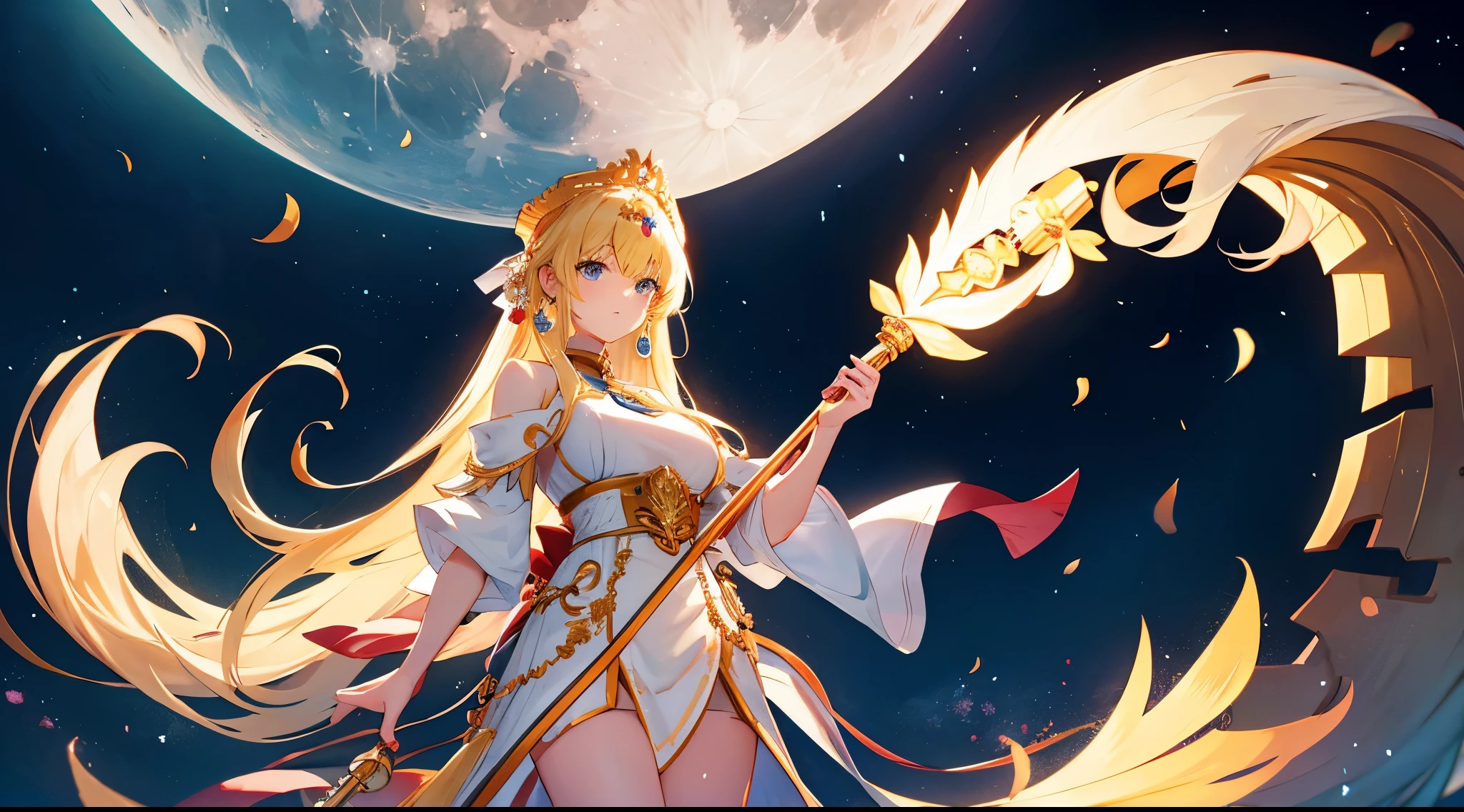 Masterpiece, best quality, Gigantic Key staff, Harvest Moon, White headphone, blonde, Korean, beautiful face, tall, slender, goddess of the moon, detailed face, moon temple, full body, Orange Moon