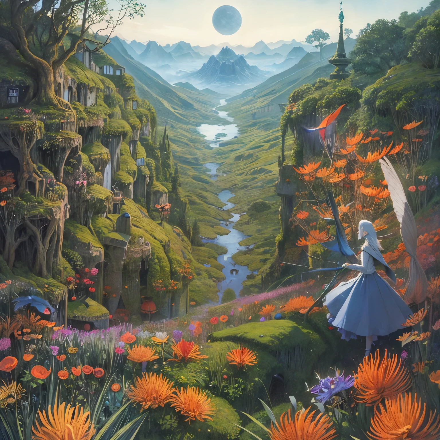 Elsa Beskow, Roberto Matta, Surreal, mysterious, strange, fantastical, fantasy, Sci-fi, Japanese anime, Bird of Paradise, giant peephole, masked beautiful girl, perfect voluminous body, chasing the sun and moon, detailed masterpiece wide angles cinematic lighting bird’s eye view