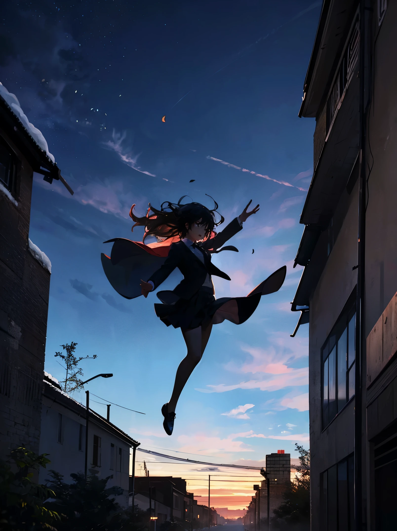 parkour girl,wearing a suit,Jump from the roof!! ︎,breathing air, blows wind,Fluttering hair,gust of wind, Colorful, , masterpiece, splatters, From directly below, side, A smile, starrysky, in a storm