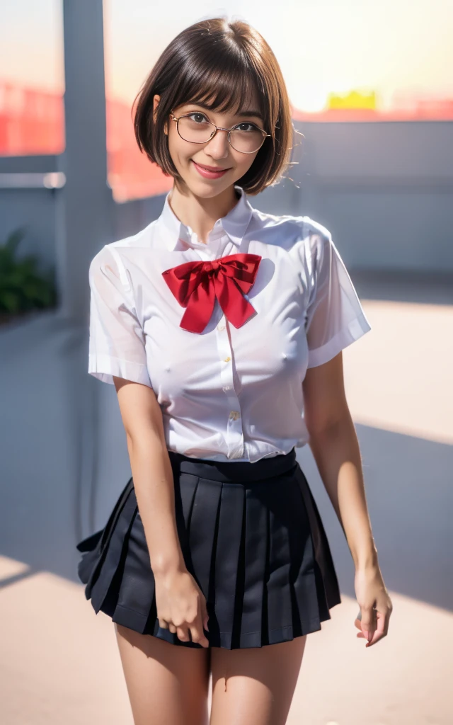 8k,cinematic lighting,top-quality,Top image quality,masterpiece,best quality,depth of field,ultra-detailed,from below,Standing,mideum shot,full body,1girl,Japanese,32 years old,(Gyaru:1.2),(Black hair,very short messy bobcut:1.2),(Oval light brown cell frame glasses:1.2),detailed brown eyes,(slender body:1.2),((flat chest:1.5)),slightly large hip,(tanned skin), (School Rooftop:1.1),sunset,magic hour,smile,(blushing:1.4) JP SCHOOL UNIFORM,face,looking at viewer,no bra,nIpples_visible_through_clothing,(dark check skirt),school tie,white shirts,