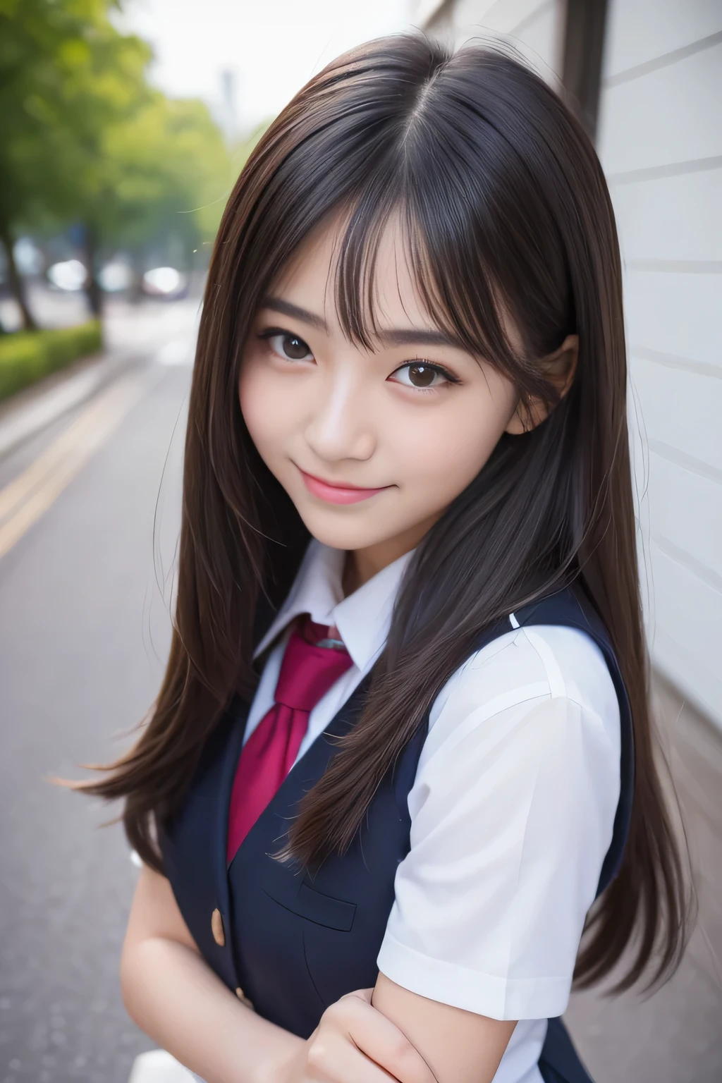 (8K、Raw photography、top-quality、masterpiece:1.2)、(masterpiece,top-quality,超A high resolution),A Japanese Lady, Kawaii Girl、beautifull detailed face,View photographer、,extremely detailed eye and face, Sharp pupils, Natural makeup,slick hair, Professional Lighting,Happy smile、(((Very beautiful 16 year old girl)))、(((School Uniforms)))