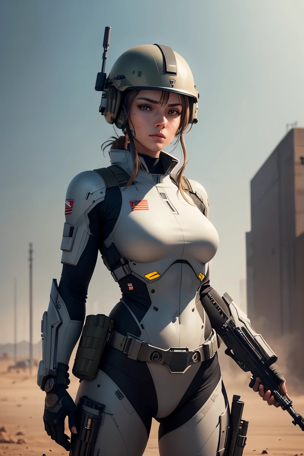 Military female cyborg on the battlefield He has an automatic rifle in his hand He wears a helmet on his head, UHD, retina, masterpiece, ccurate, anatomically correct, textured skin, super detail, high details, high quality, award winning, best quality, highres