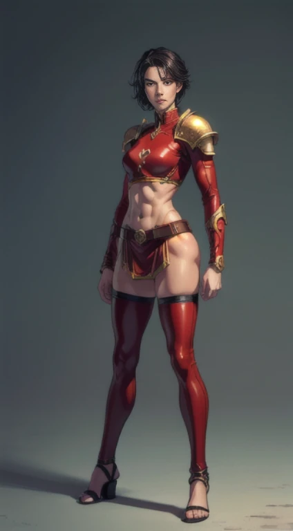 no background, background clean, standing character full body ((solo)), warrior female beautiful adult, perfect fitness body, beautiful charming cute face, serious face, short black hair, pretty detail eyes, beautiful detailed lips, extremely detailed eyes and face, red armor gladiator, bare legs, leather sandals