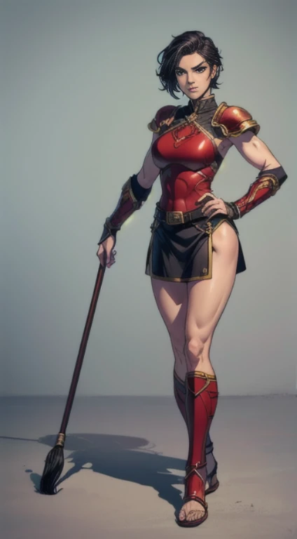 no background, background clean, standing character full body ((solo)), warrior female beautiful adult, perfect fitness body, beautiful charming cute face, serious face, short black hair, pretty detail eyes, beautiful detailed lips, extremely detailed eyes and face, red armor gladiator, bare legs, leather sandals