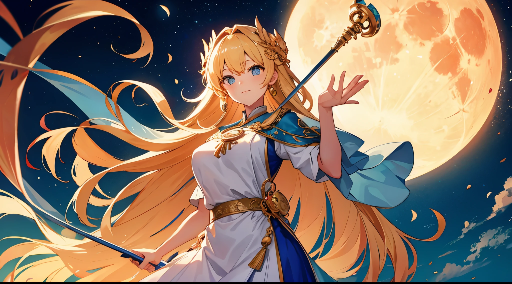 Masterpiece, best quality, Gigantic Key staff, Harvest Moon, White headphone, blonde, Korean, beautiful face, tall, slender, goddess of the moon, detailed face, moon temple, full body, Orange Moon