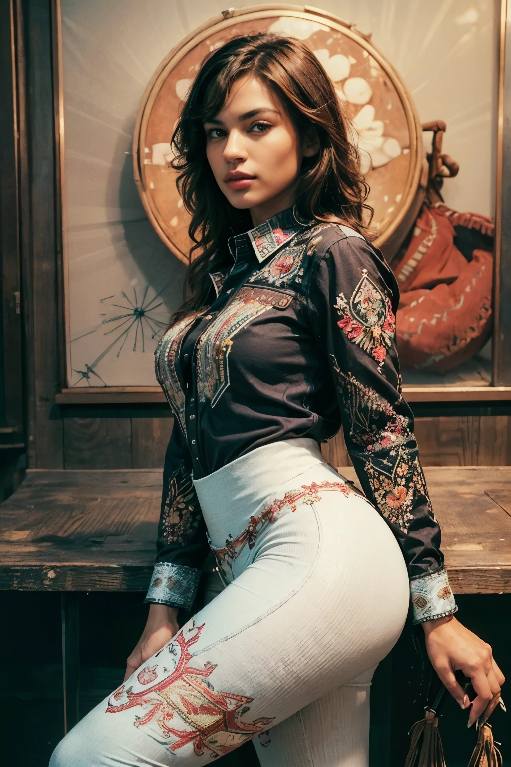 knolling layout, photo, full body, from (side angle), profile, low angle, of an American female country music singer sitting in a bright colorful boutique, ((she is dressed in tight thirst trap leggings, a fringed retro snap western embroidered long sleeve cowboy collared shirt with rodeo flourishes pattern:1.5)), shes wearing luxury cowboy boots ,(high end interior:0.6), floor ,leather belts, dark leather armchair, loving, ,((her tidy dark auburn short hair:0.8)), every detail captured with the highest quality Leica camera she owns, knolling rodeo items, it captures every detail and deepens the shadows,, colorful, lovely woman,American, a relaxed moment, realistic photo, (54% of photo is black in drawing:1.4), (detailed fabrics:1.2), (soft warm shop light:1.7), (spotlight on her hips and thighs and boots:1.1) ,(relaxed intimate photoshoot), cozy relaxed, catching us, beautiful hands, gorgeous soft warm lighting:1.4, ((high contrast)), (deep, darkest shadows), (shadow details:1.3), ((taken using Leica camera, aperture: f/2)) , hyper-realistic skin, pores, scar, mole, relaxed moment, natural light glow, (romantic light:1.2), radiant dark skin, perfect relaxed hands, perfect fingers, a work of art, beautiful composition, golden ratio, contrast, inspiring, (highest quality fabric texture), every detail,Fine facial features – (Highest Quality) ,Leica camera film, High quality ○○ detailed – ○○ details ultra detailed(Ultra-fine ), Photorealistic